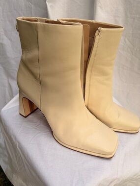 Women's Cream Leather Ankle Boots - Elegant Block Heel